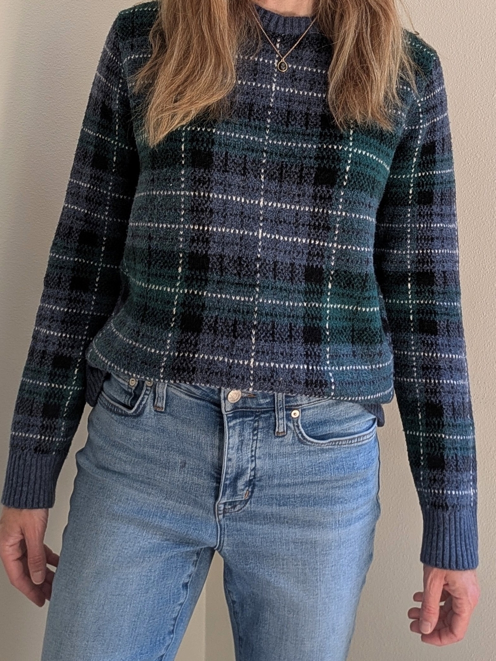 Old Navy SoSoft Vintage Inspired Plaid Crewneck Sweater in Navy/ Forest Green